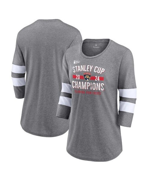 Women's Heather Gray Florida Panthers 2024 Stanley Cup Champions Throwback Tri-Blend 3/4-Sleeve T-Shirt