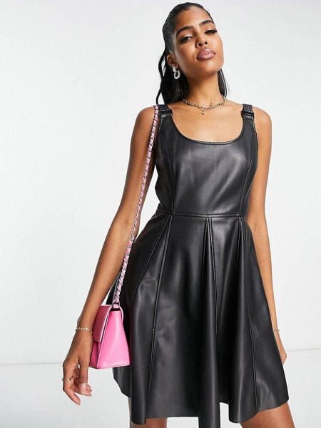 Miss Selfridge faux leather buckle detail fit and flare dress in black