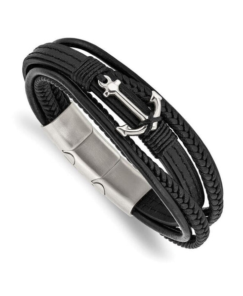 Stainless Steel Anchor Black Leather Bracelet with Extension