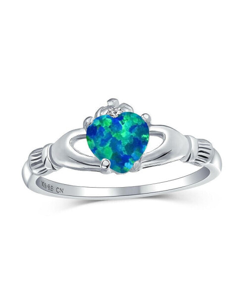 Sorority Sister BFF Celtic Irish Friendship Promise Crown Heart Blue Created Opal Claddagh Ring For Women Teen .925 Sterling Silver October Birthstone