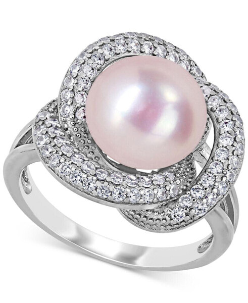 Pink Cultured Freshwater Pearl (10-1/2mm) & Cubic Zirconia Love Knot Statement Ring in Sterling Silver