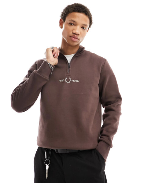 Fred Perry embroidered half zip sweatshirt in brick