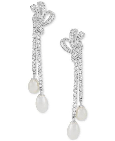 Freshwater Pearl (8x6mm & 7x5mm) Cubic Zirconia Knotted Drop Earrings in Sterling Silver