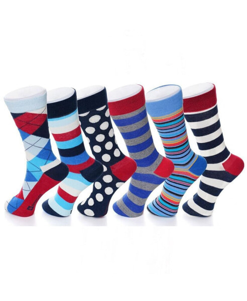 6 Pack Mens Cotton Dress Socks Mid Calf Argyle Pattern Solids Set