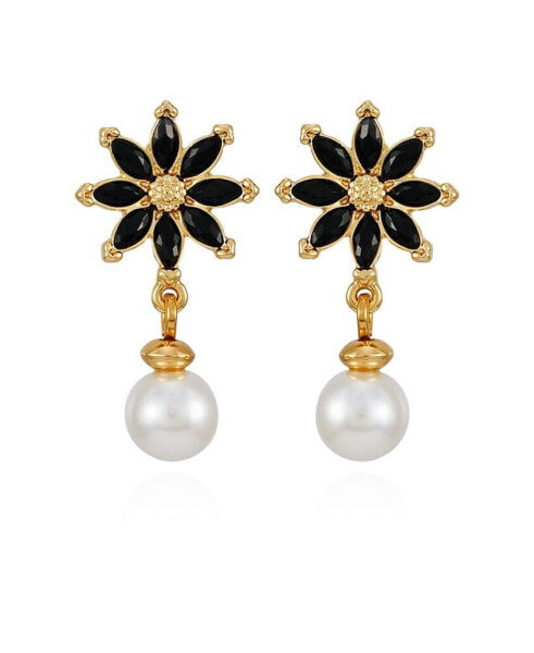 Gold-Tone Imitation Glass Pearl Flower Stud Dangle Charm Earrings