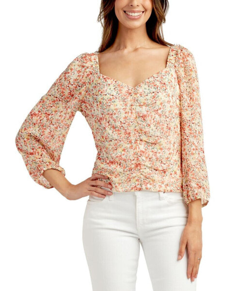 Juniors' Floral-Print Ruched Blouson-Sleeve Top