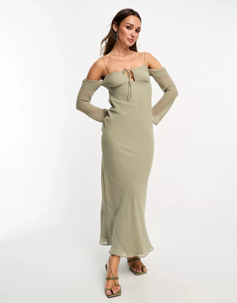 ASOS DESIGN cold shoulder long sleeve tie front bias maxi dress in khaki