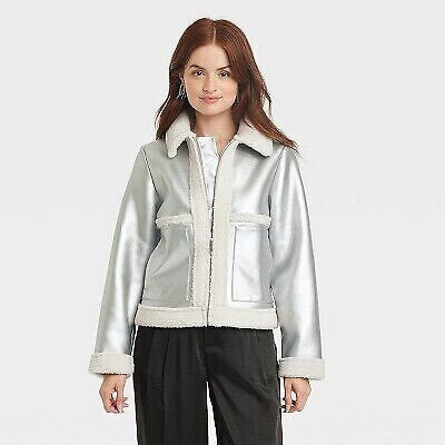 Women's Metallic Shearling Moto Jacket - A New Day Silver XS