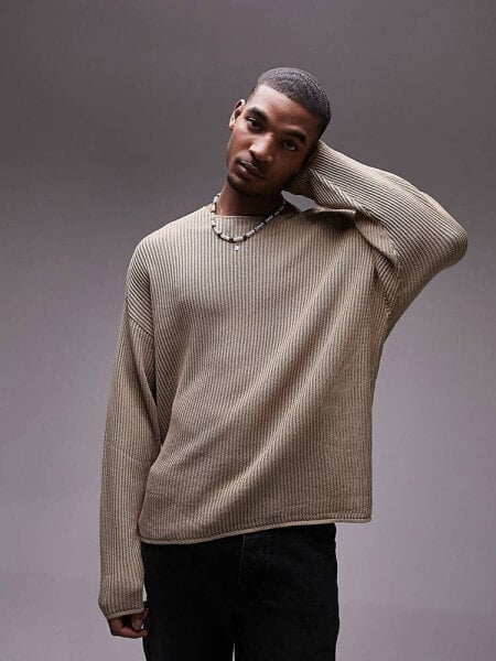 Topman relaxed long sleeve knit jumper in camel