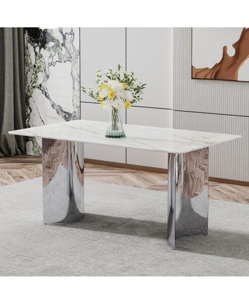 White Marble Dining Table, Stainless Steel Legs, 63"