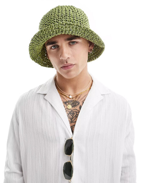 ASOS DESIGN bucket hat with straw mix in khaki