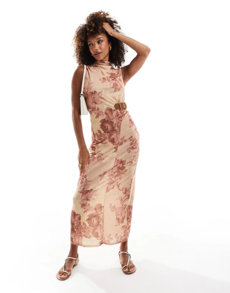 ASOS DESIGN belt detail maxi dress with godets in rust tapestry floral print