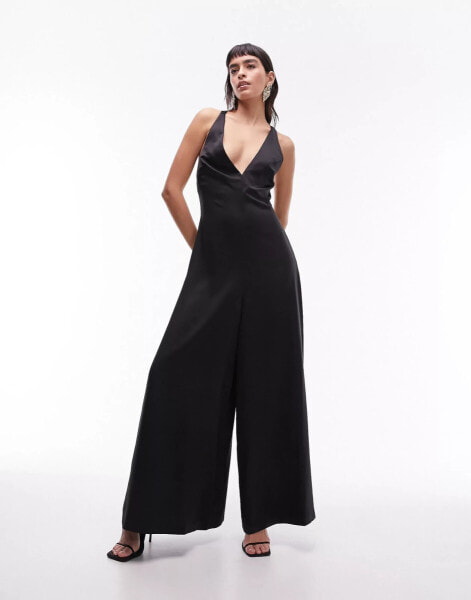 Topshop lattice back wide leg jumpsuit in black