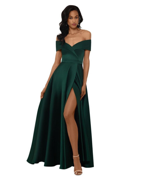 Petite Off-The-Shoulder Satin Ball Gown