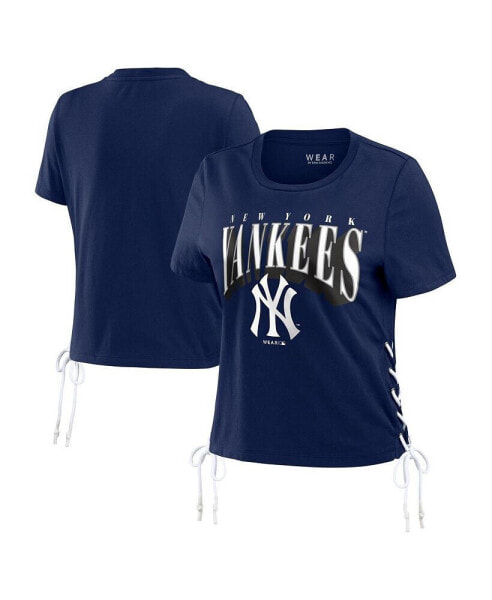 Women's Navy New York Yankees Side Lace-Up Cropped T-shirt