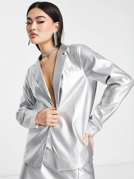 I Saw It First metallic oversized dad blazer co-ord in silver 