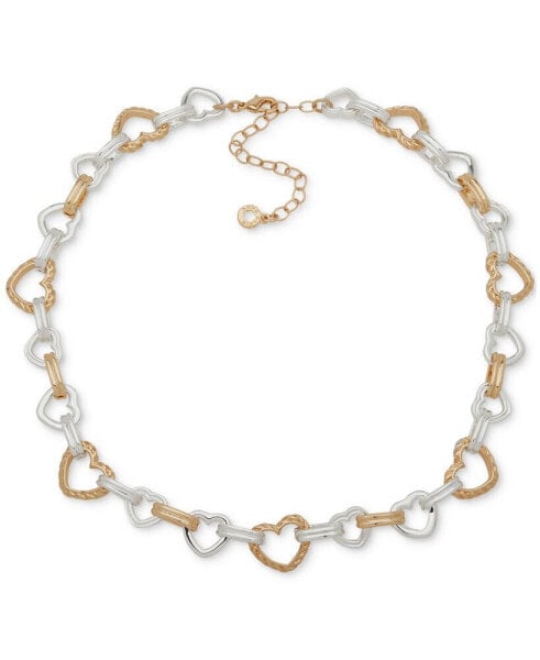 Two-Tone Crystal Heart Link Collar Necklace, 16" + 3" extender