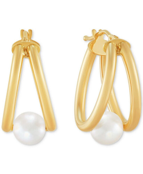Cultured Freshwater Pearl (6mm) Double Small Hoop Earrings in 14k Gold, 1"