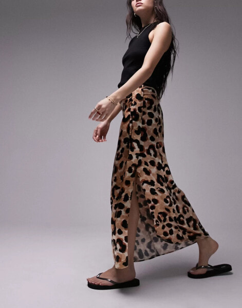 Topshop tuck split midi skirt in leopard print