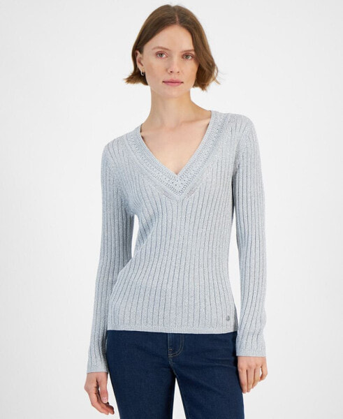 Women's Metallic Ribbed V-Neck Sweater