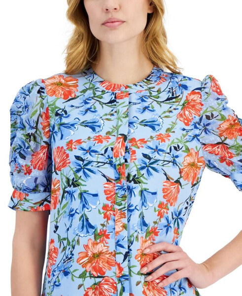 Women's Floral-Print Puff-Sleeve Mandarin-Collar Top