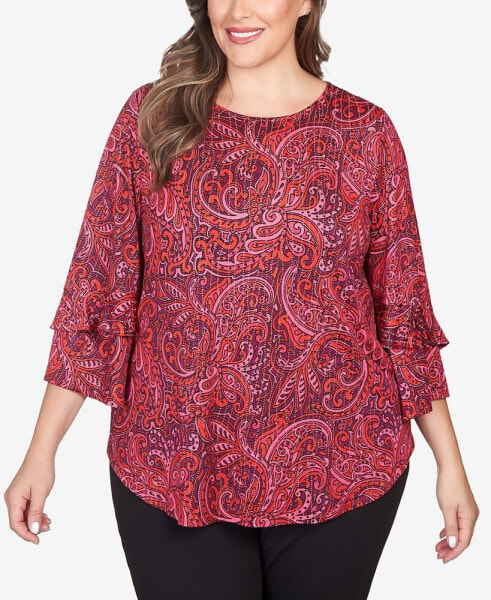 Plus Size Paisley Dew Drop Knit Top with Ruffle Sleeves