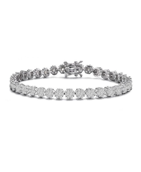 Sterling Silver with Rhodium Plated Clear Marquise and Round Cubic Zirconia Flower Design Tennis Bracelet