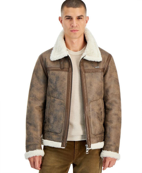 Men's Zip Front Aviator Jacket with Faux Fur Lining