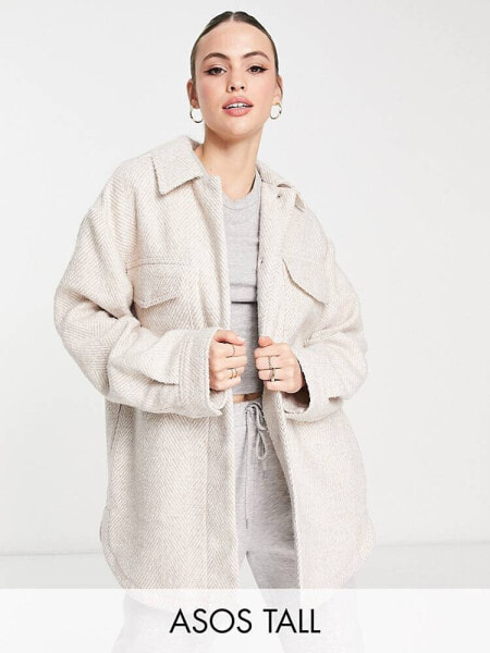 ASOS DESIGN Tall herringbone jacket in oatmeal 