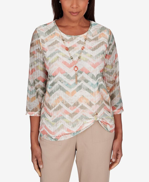 Women's Tuscan Sunset Textured Chevron Twisted Detail Crew Neck Top