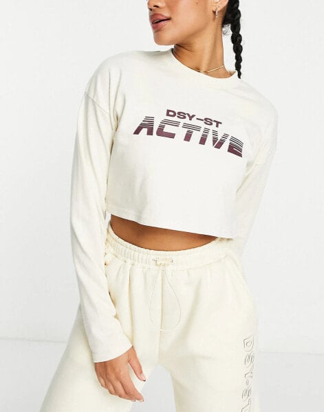 Daisy Street Active Swirly long sleeve crop top in neutral