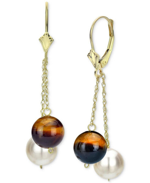 Garnet & Cultured Freshwater Pearl (8mm) Chain Drop Earrings in 14k Gold (Also in Jade, Tiger Eye, Lapis Lazuli, Rose Quartz, Turquoise, Onyx, & Malachite)