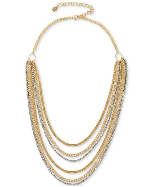 Two-Tone Crystal & Chain Multi-Row Statement Necklace, 17" + 3" extender
