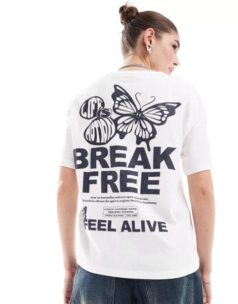 Bershka butterfly print oversized t-shirt in ecru