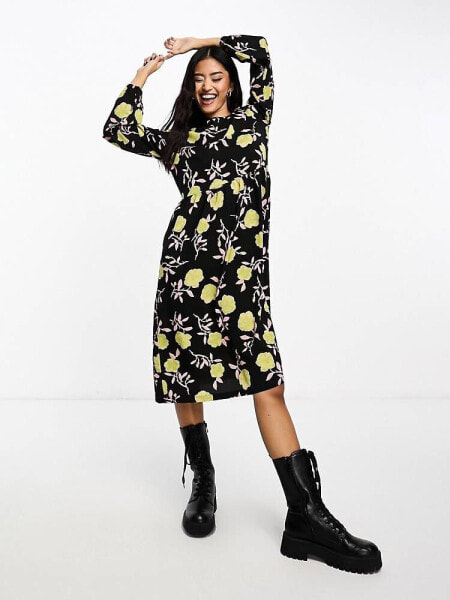 Monki long sleeve midi dress in black rose print