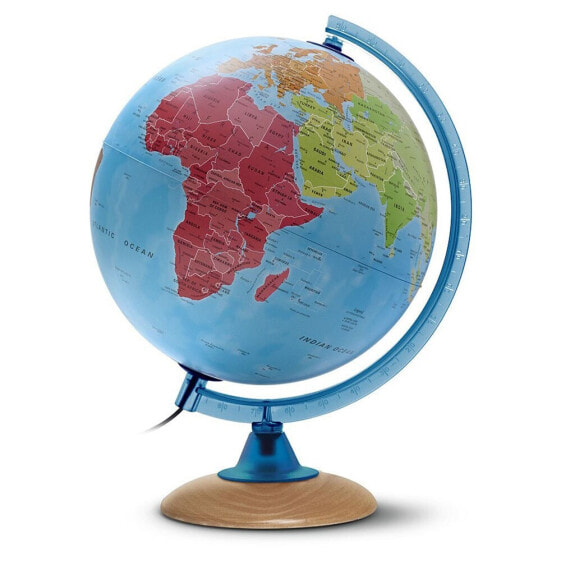 Глобус освещенный темно-синий, диаметр 26 см. Политическая картография. Пластиковый меридиан и деревянная основа.