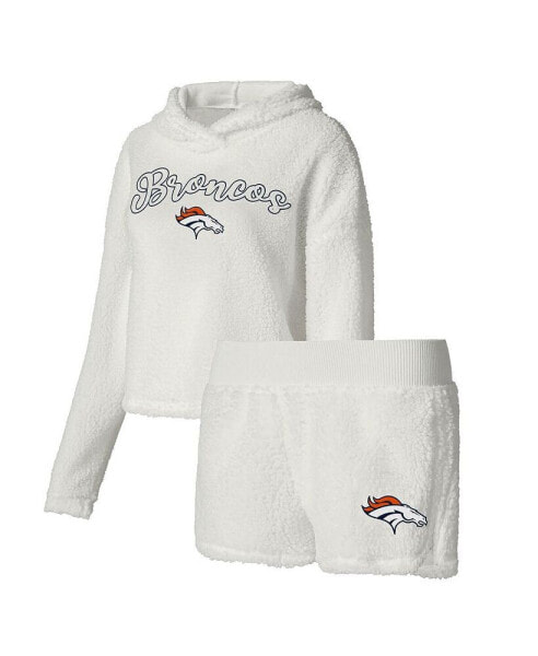 Women's White Denver Broncos Fluffy Pullover Sweatshirt and Shorts Sleep Set
