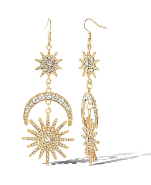 Flash Yellow Gold Plated Crystal Cresent Moon and Sun Drop Earrings