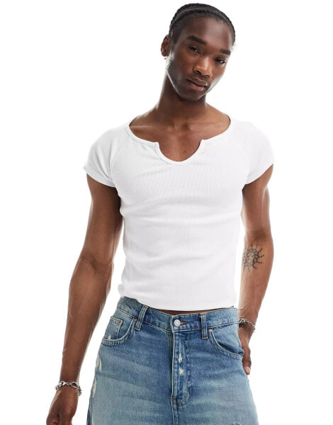 Reclaimed Vintage shrunken western ribbed t-shirt with notch neck in white