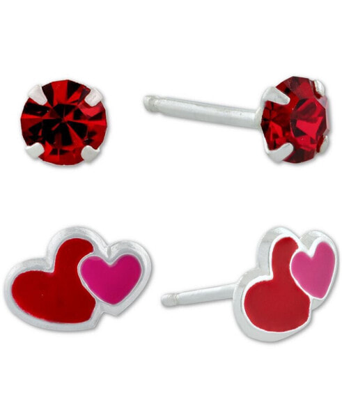 2-Pc. Set Crystal Solitaire & Enamel Heart Stud Earrings in Sterling Silver, Created for Macy's