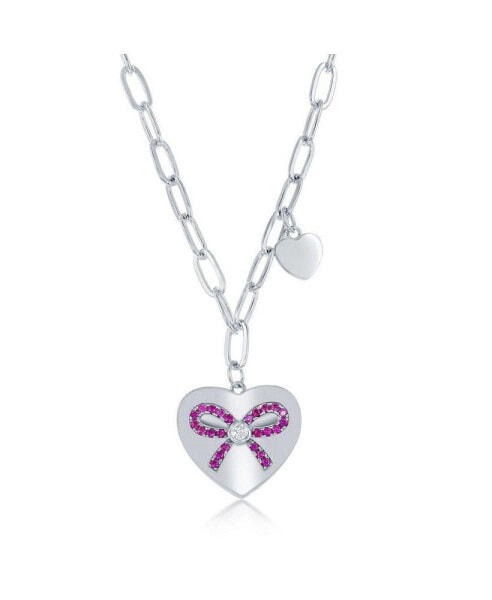 Sterling Silver Heart with Ruby CZ Ribbon Paperclip Necklace