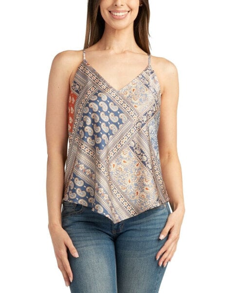 Juniors' Printed V-Neck Handkerchief-Hem Satin Top