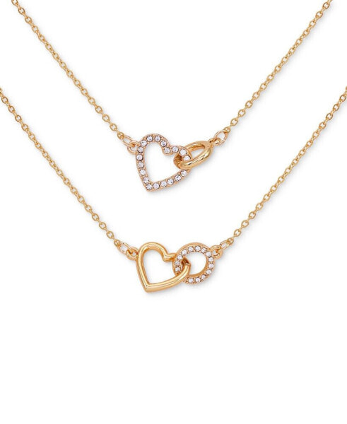 GUESS gold-Tone 2-Pc. Set Pavé Interlocking Heart & Circle Pendant Necklaces, 16" + 2" extender