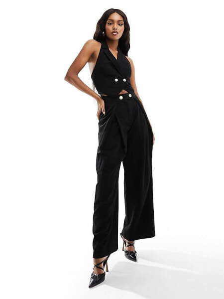 ASOS DESIGN co-ord wide leg trousers with gold buttons in black