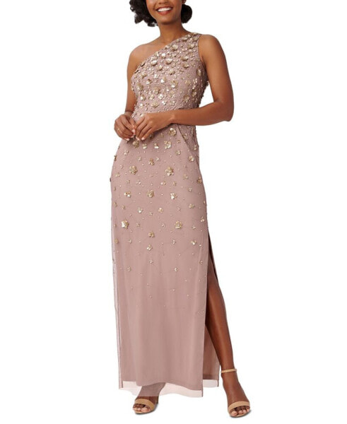 Women's Floral-Beaded One-Shoulder Gown