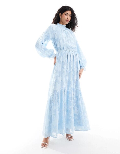 ASOS DESIGN high neck big sleeve jacquard maxi dress in sky blue