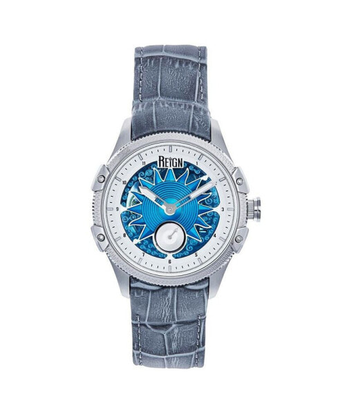 Men Solstice Automatic Semi-Skeleton Leather Strap Watch - Gray/Blue