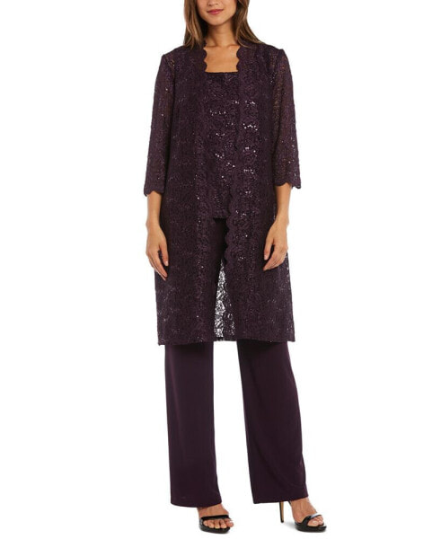 Petite 3-Pc. Sequined-Lace Jacket, Top & Pants