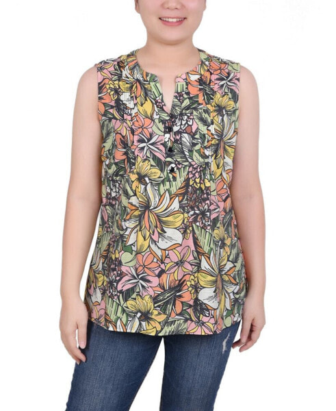 Petite Sleeveless Printed Pintucked Blouse