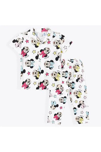 LCW baby Polo Yaka Kısa Kollu Minnie Mouse Baskılı Kız Bebek Pijama Takım